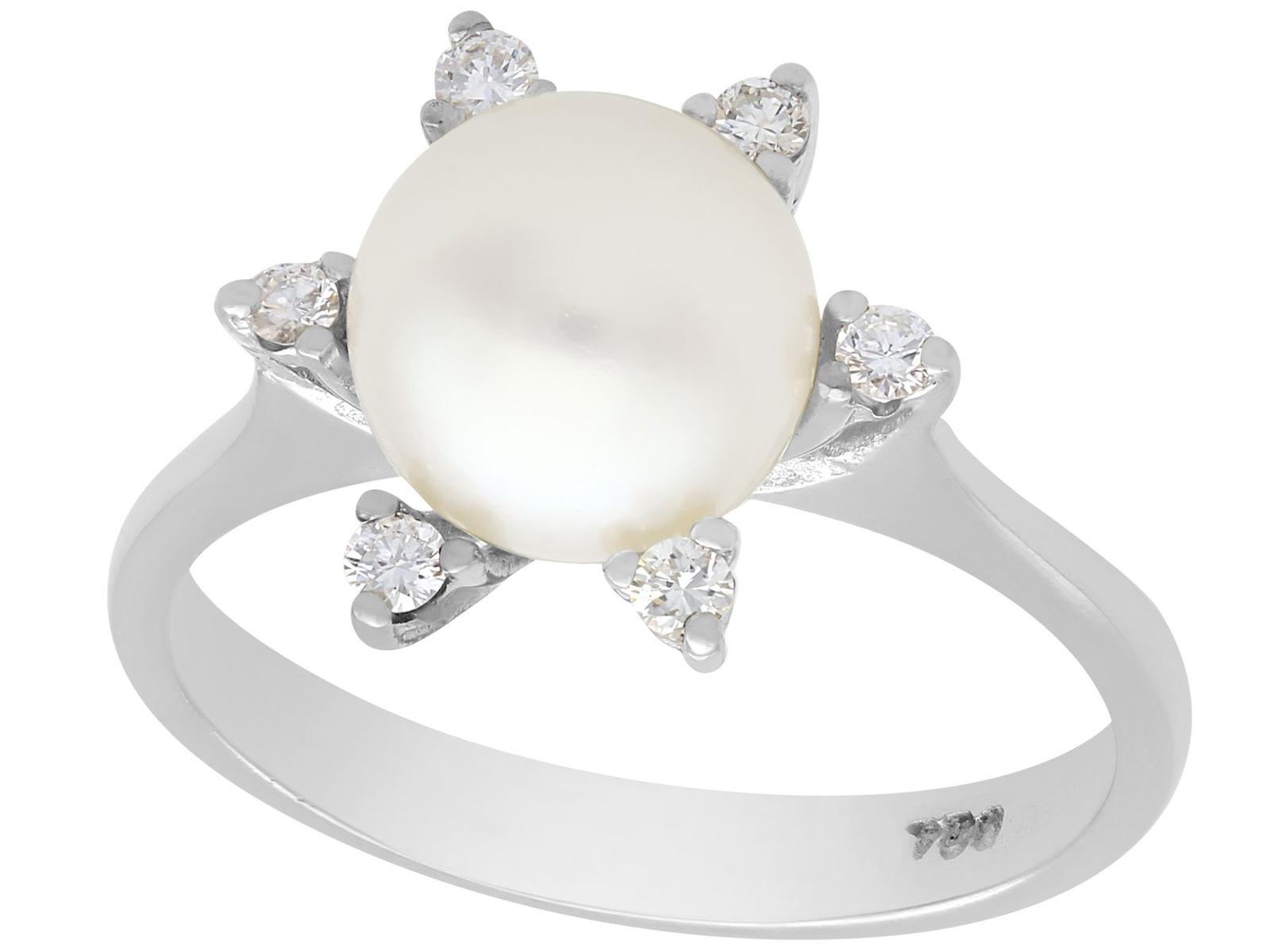 Vintage Cultured Pearl & 0.18ct Diamond, 18ct White Gold Dress Ring c.1970 (1 of 9)
