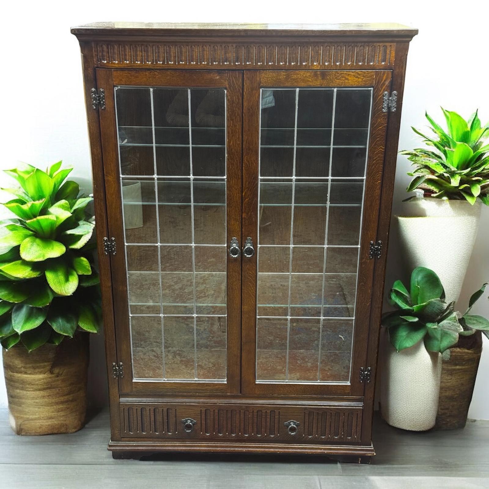 Vintage Oak Glass-fronted Bookcase C1960 / Internal Lighting / Lower Drawer (1 of 12)