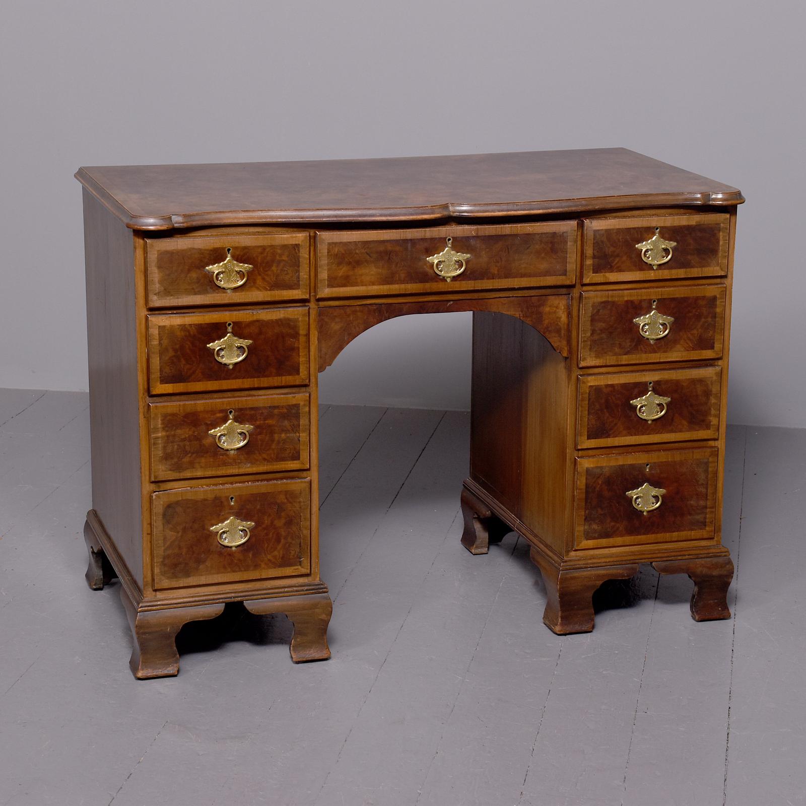 George II Style Crossbanded Figured Walnut Kneehole Desk with Engraved Brass Handle (1 of 9) George II Style Crossbanded Figured Walnut Kneehole Desk with Engraved Brass Handle (1 of 9)