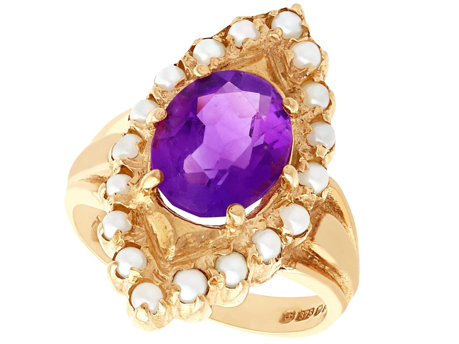 Vintage 2.51ct Amethyst & Seed Pearl 9ct Yellow Gold Dress Ring 1976 (1 of 10)