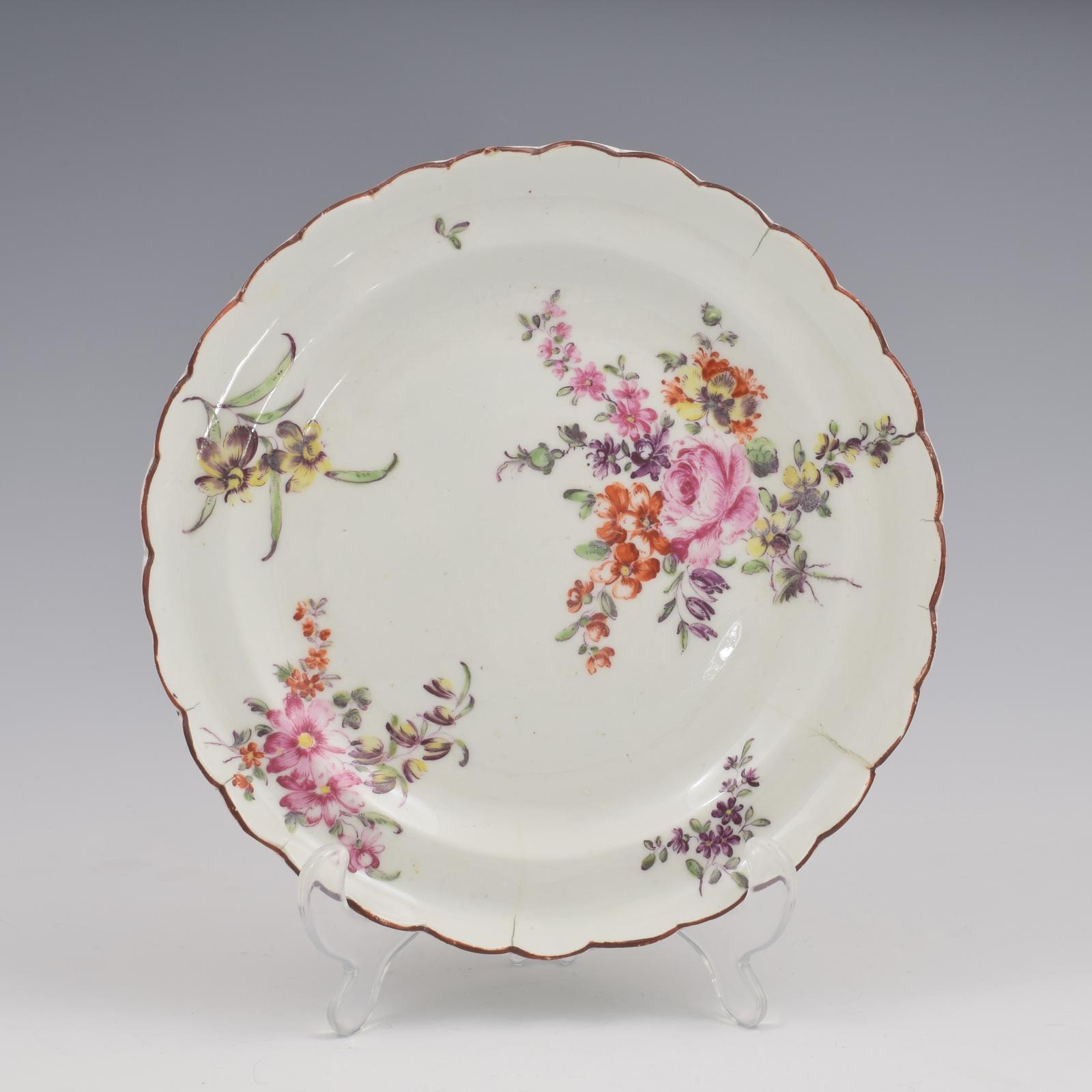 Superb Rare Derby Porcelain Cotton Stem Painter Lobed Plate / Dish c.1760 (1 of 9)