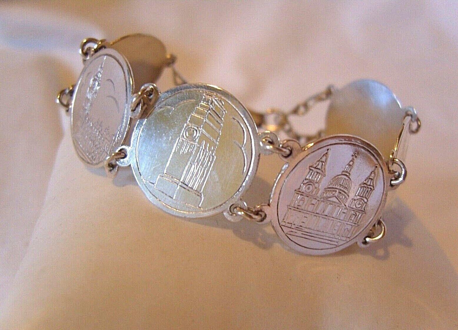 Vintage 1950s Silver London Landmark Panel Bracelet 7" Length 17 Grams (1 of 12)