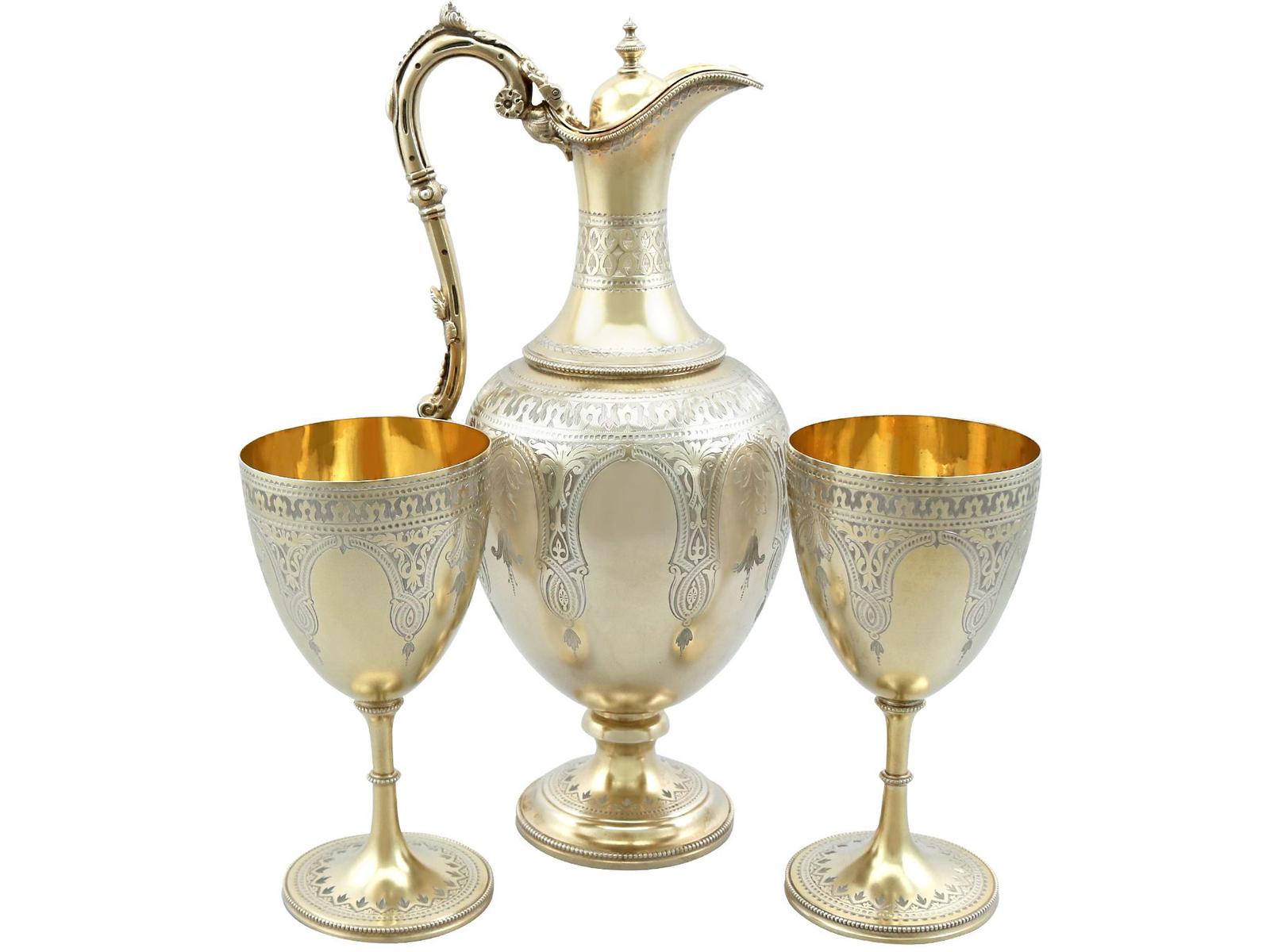 Sterling Silver Gilt Claret Jug & Goblets - Antique (1 of 18)