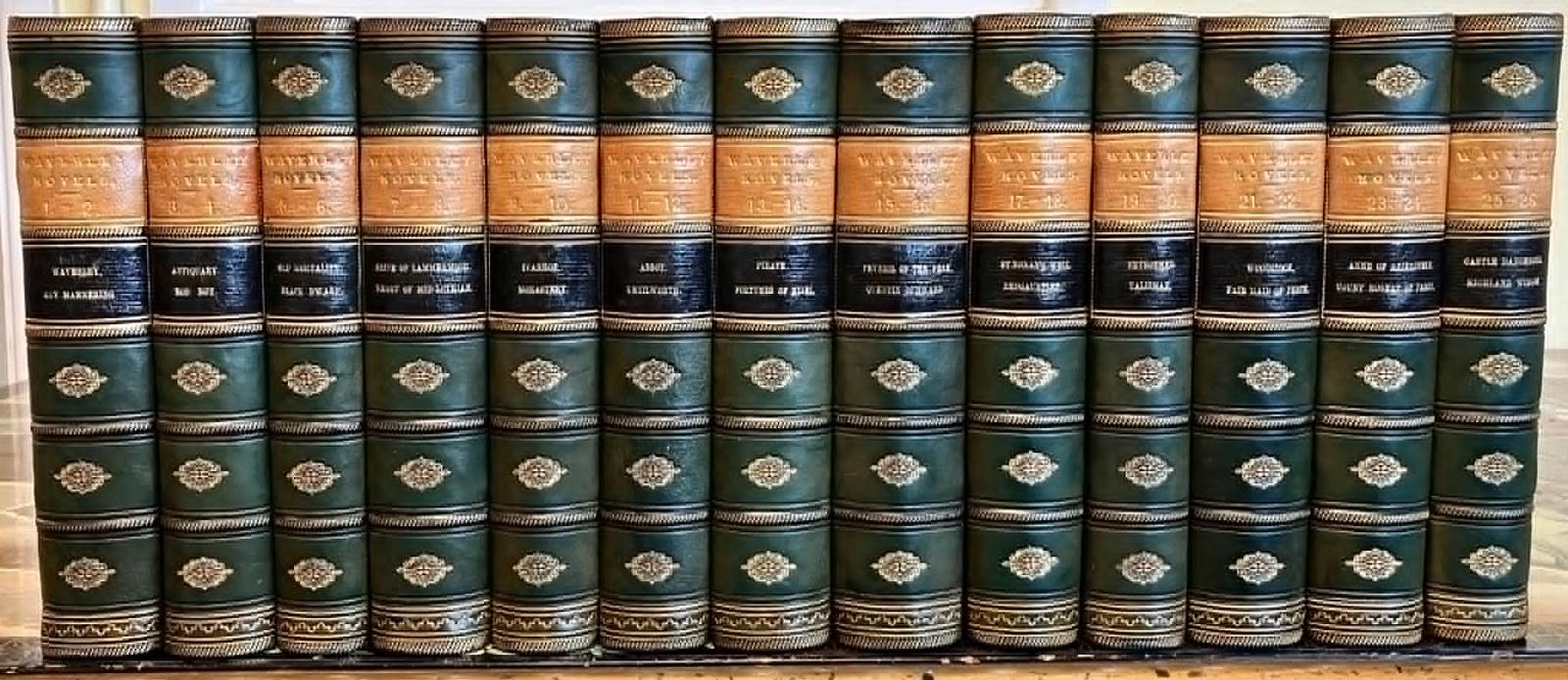 1876 Novels of Sir Walter Scott 26 Volume Set Green & Gilt Leather Bindings (1 of 6) 1876 Novels of Sir Walter Scott 26 Volume Set Green & Gilt Leather Bindings (1 of 6)