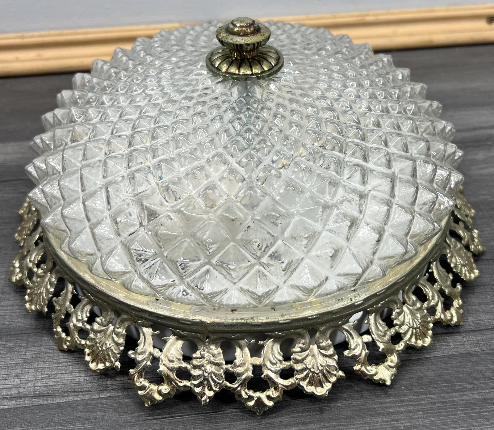 Vintage French Ceiling Light Crystal Glass Dome Ornate Metal Frame (1 of 8)