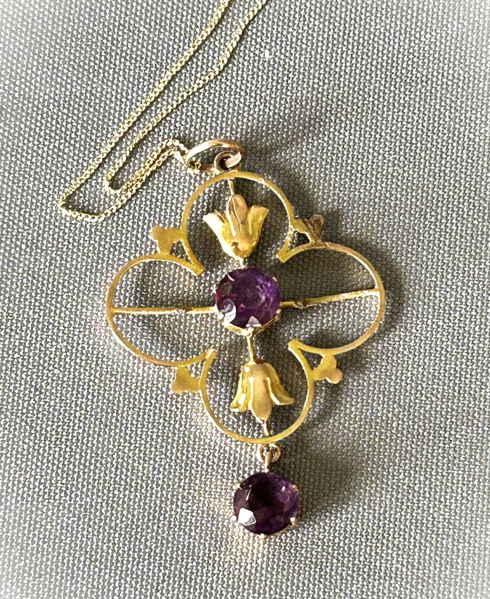 Art Nouveau 9ct Gold & Amethyst Pendant Necklace (1 of 8)