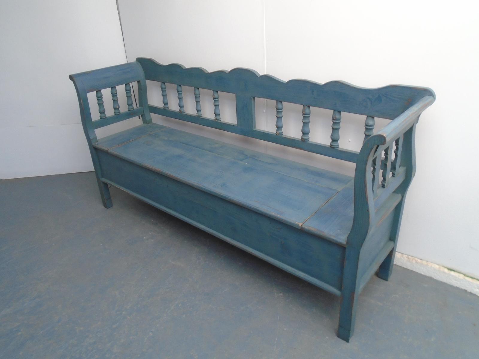 Green / Grey Columned Antique Pine 3 Seater Box Settle / Bench (1 of 9)