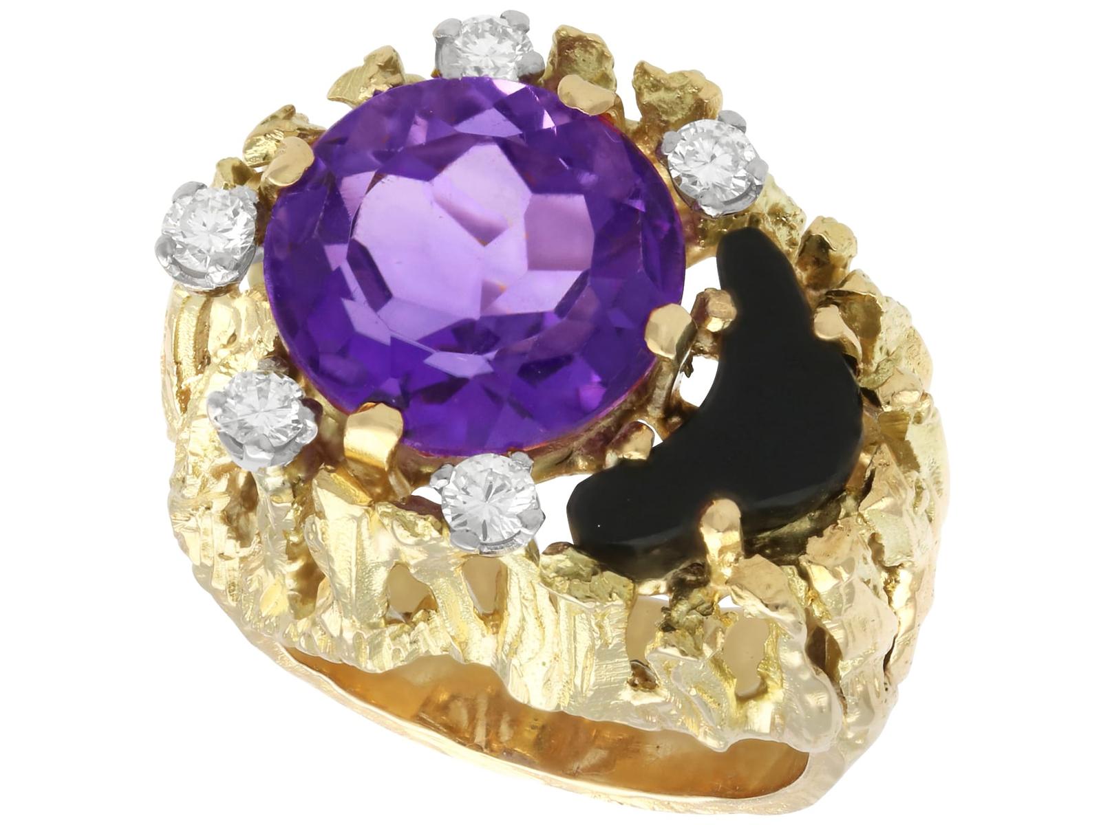 Vintage 4.50ct Amethyst, 0.50ct Onyx and 0.25ct Diamond, 18ct Yellow Gold Dress Ring Circa 1980 (1 of 14)