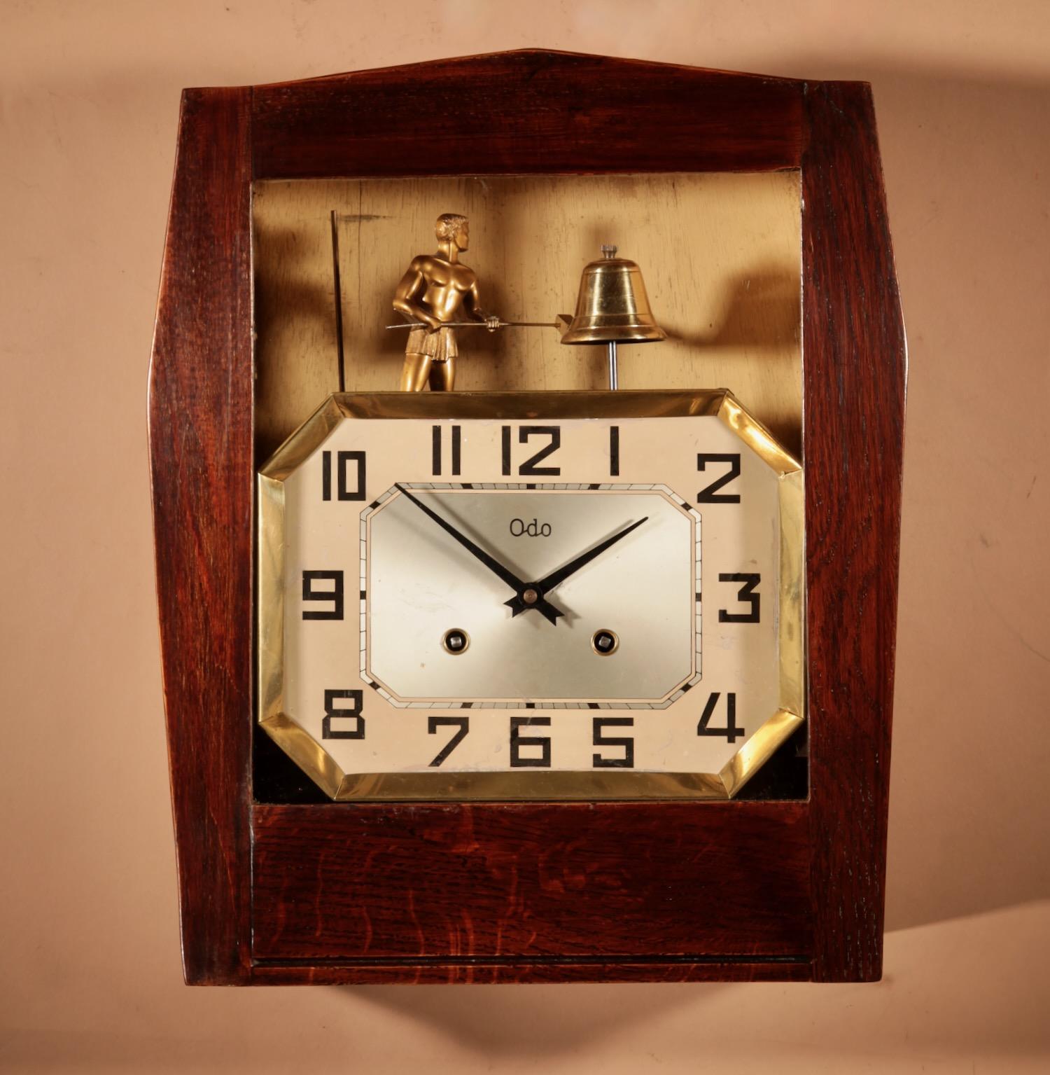French Art Deco Oak Signed Odo Automation Striking Wall Clock (1 of 6)