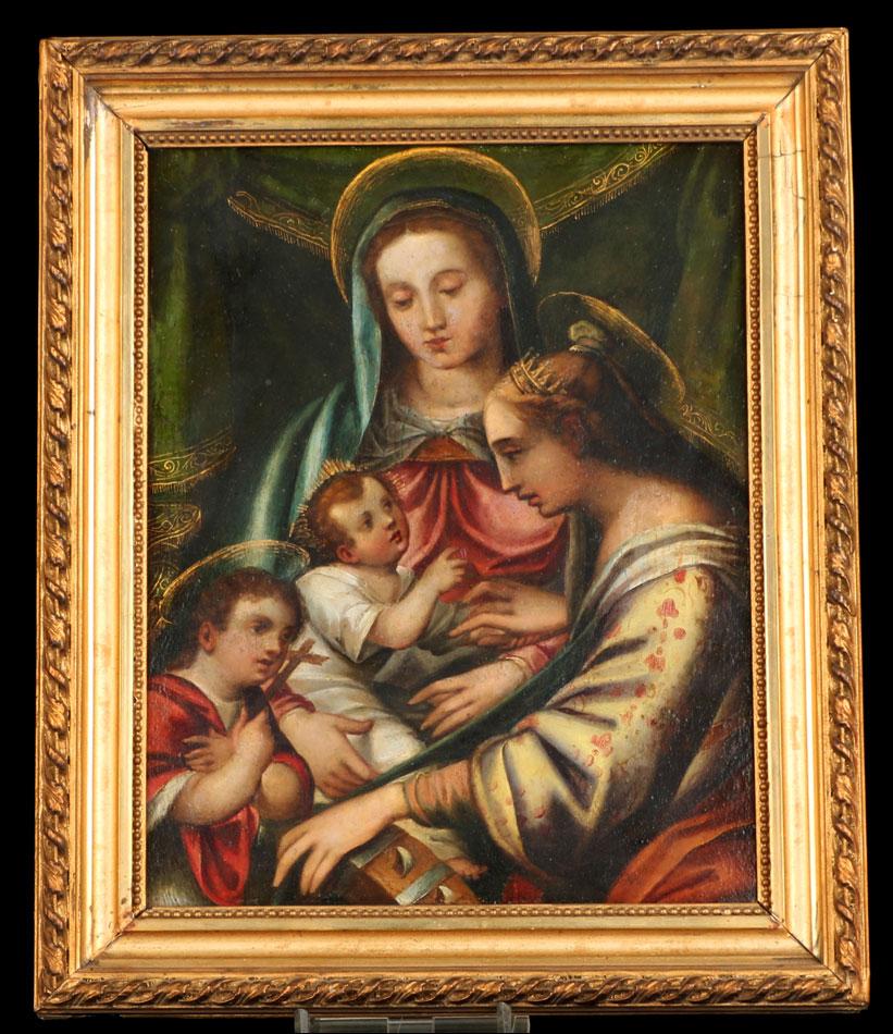 Antique 17th. Century Italian Oil on Copper. Virgin, Child Jesus, Saint Elizabeth, and Young John (1 of 4)