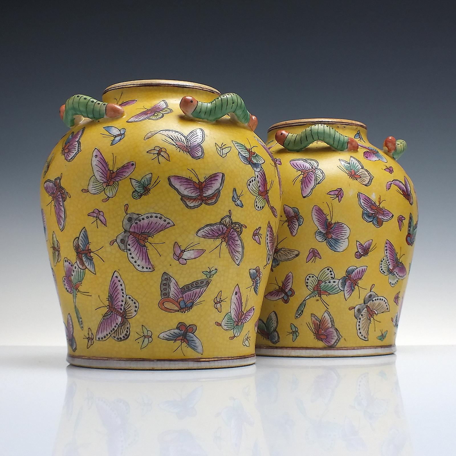 Pair of Chinese Yellow Ground Porcelain Butterfly Jars with Caterpillar Handles C1950 (1 of 7) Pair of Chinese Yellow Ground Porcelain Butterfly Jars with Caterpillar Handles C1950 (1 of 7)