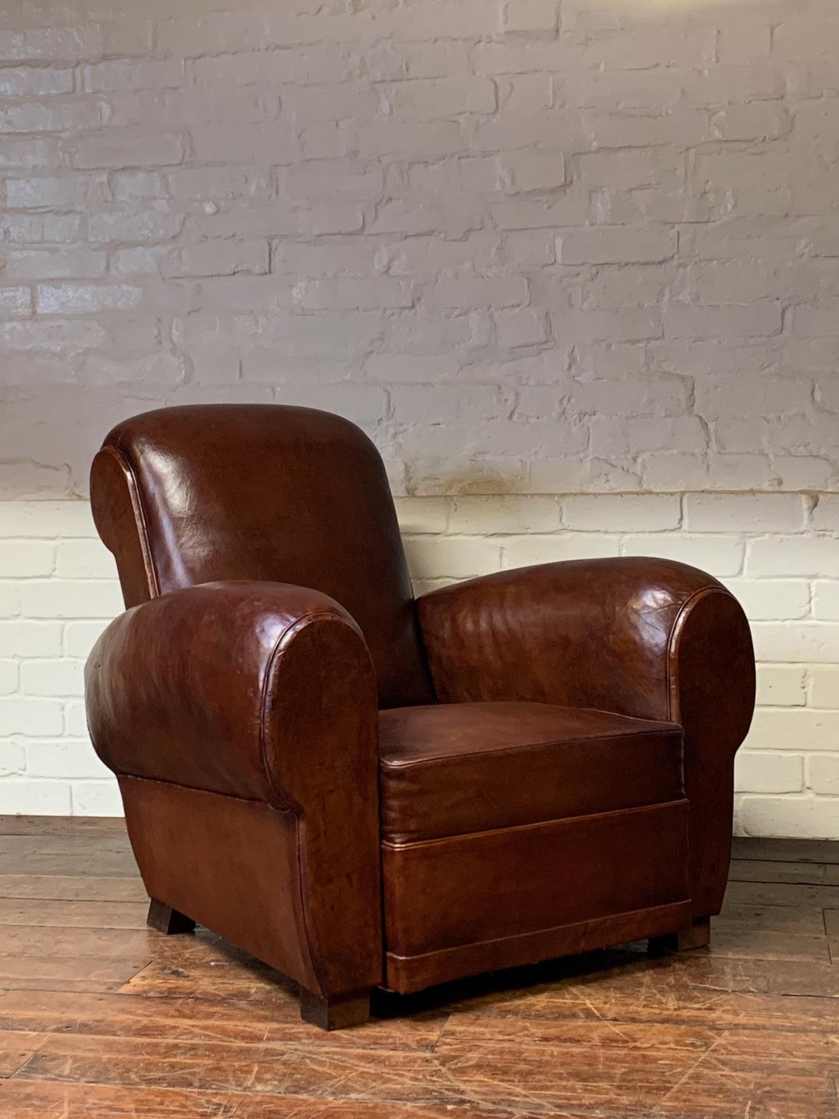 Gorgeous French Leather Club Chair, Deep Havana Gang-box Model c.1940 (1 of 13)