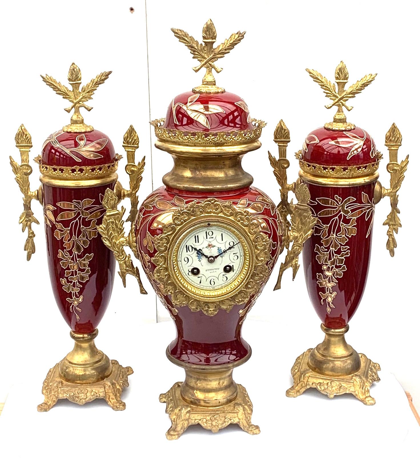 Incredible Red Art Nouveau Bulbous Tulip Shaped 5 Branch Candelabra Mantel Clock Set (1 of 15)