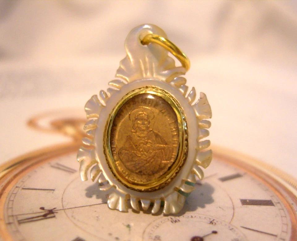 Pocket Watch Chain Fob Victorian Religious St Maria 1890s Mop (1 of 8)