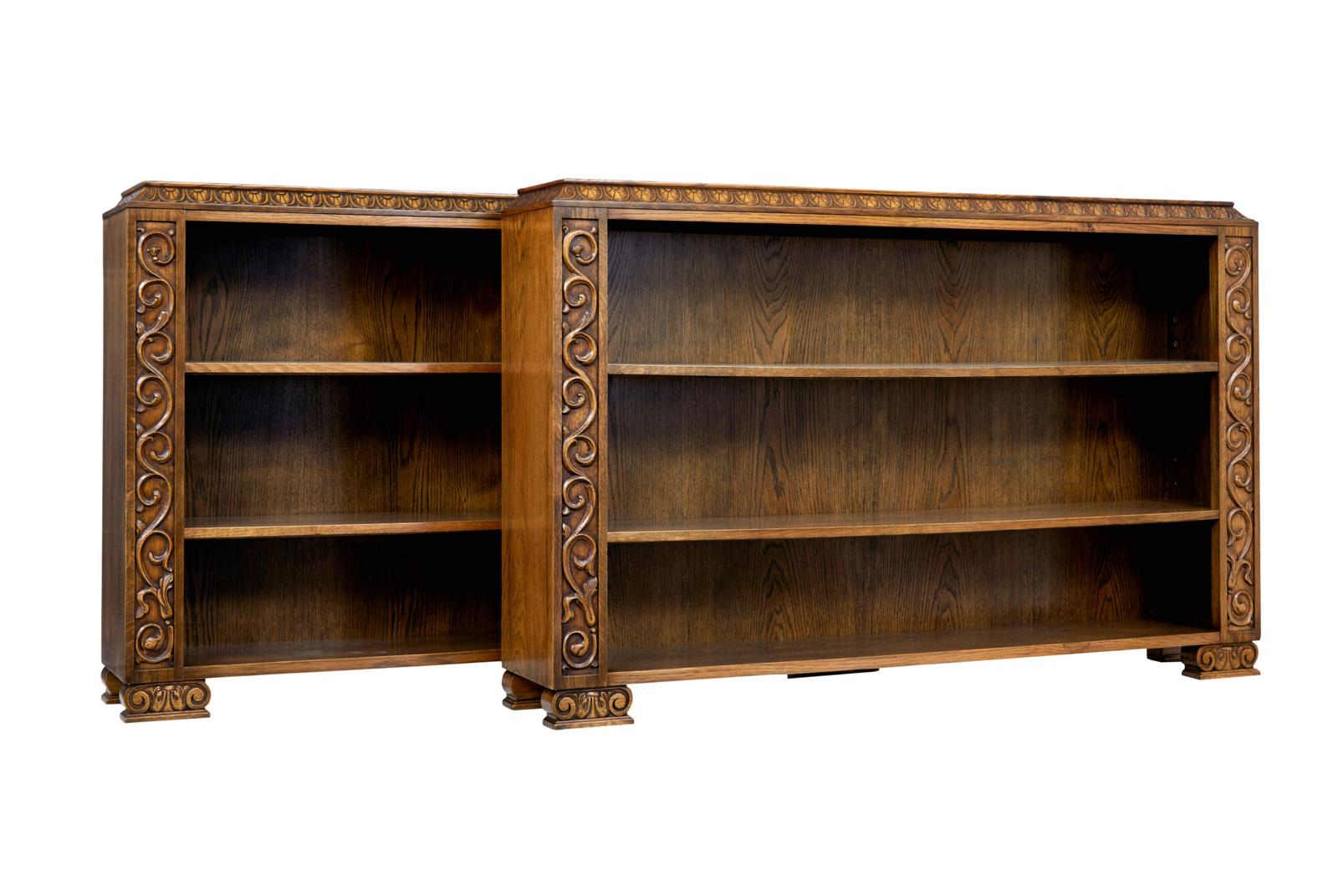 Pair of 1930s Carved Oak Open Bookcases (1 of 9)