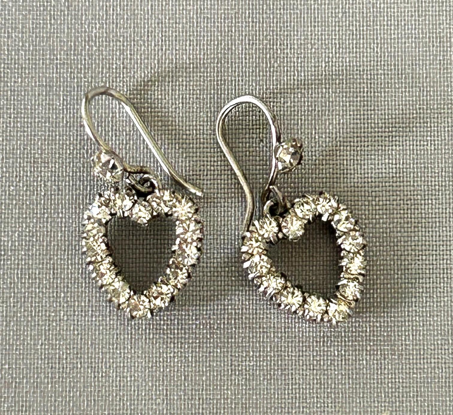 Art Deco Pair of Silver & Paste Heart Earrings (1 of 6)