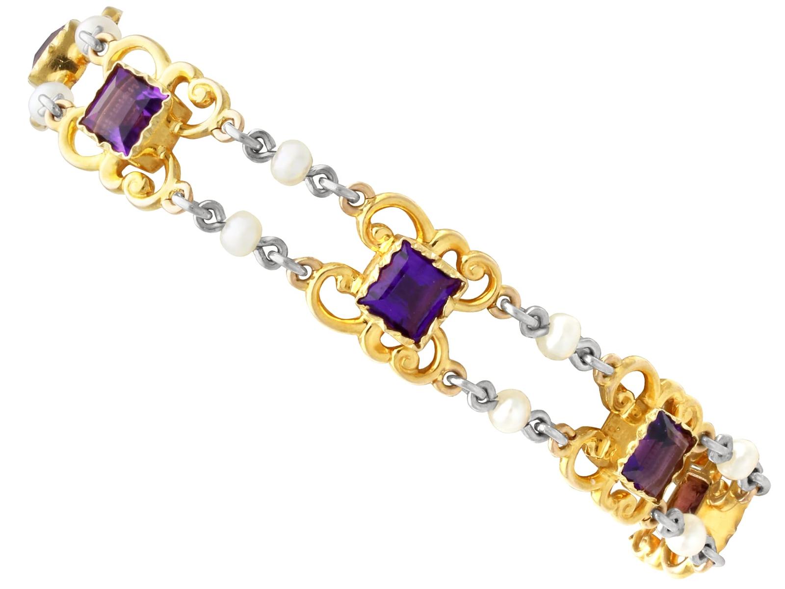 Antique 5.25ct Amethyst & Pearl, 15ct Yellow Gold Bracelet c.1910 (1 of 12)
