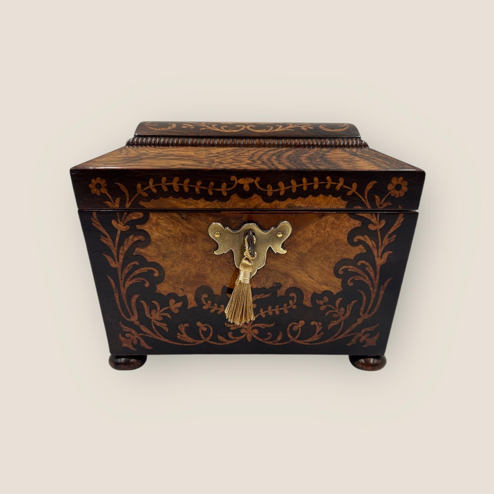 Antique Regency Rosewood Brass & Floral Marquetry Inlaid Sarcophagus Tea Caddy (1 of 10)