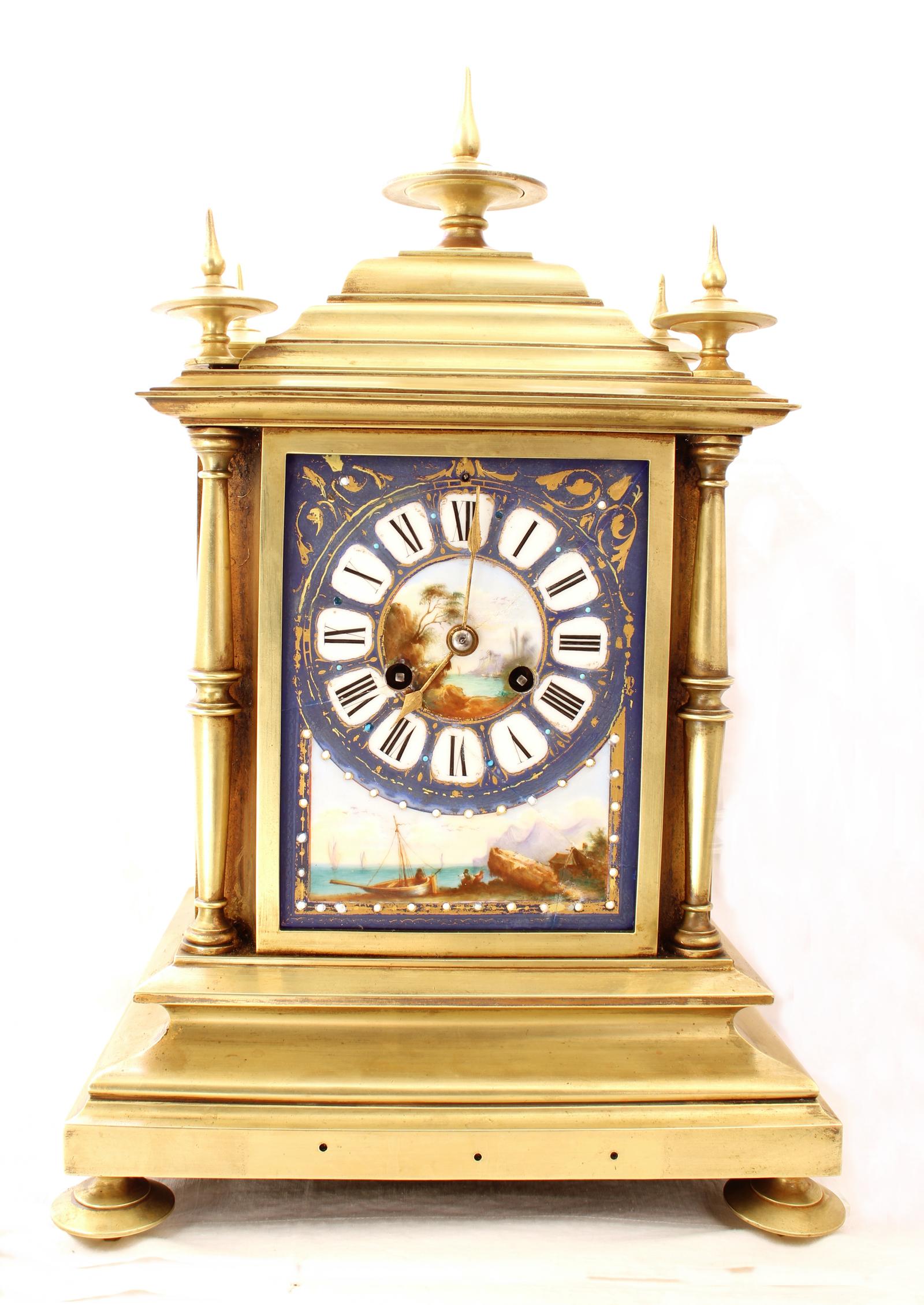 LG Antique French Brass Mantel Clock Porcelain Face, Sides Painted Ships (1 of 17) LG Antique French Brass Mantel Clock Porcelain Face, Sides Painted Ships (1 of 17)