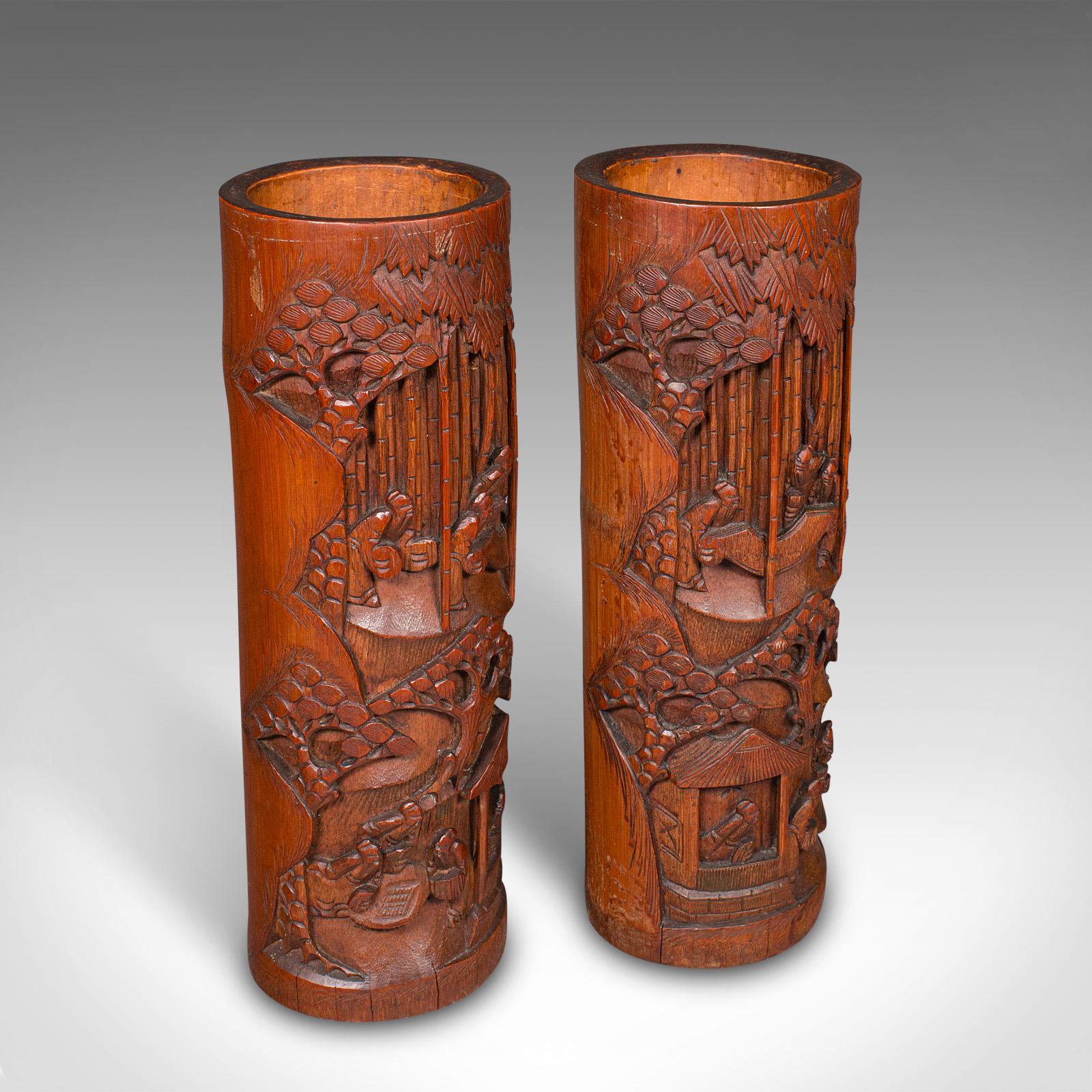 Tall Pair of Antique Brush Pots, Chinese, Bamboo, Bitong, Flower Vase c.1880 (1 of 12)
