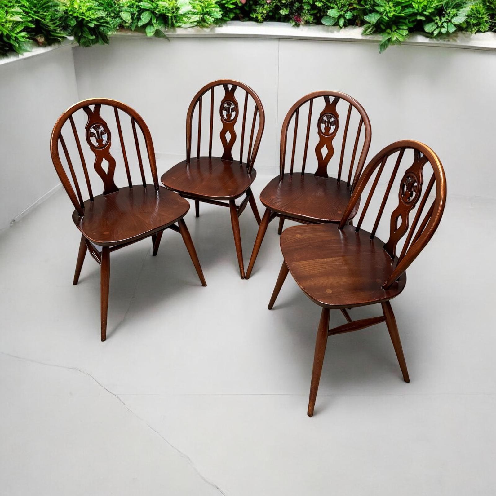 Vintage Ercol Kitchen Windsor Chairs / Set of 4 / Dark Brown Oak / Made in England c.1950 (1 of 12)