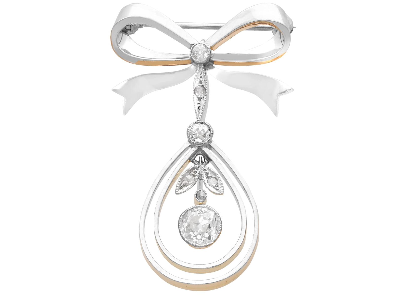 Antique 1.00ct Diamond & 14ct Yellow Gold Bow Brooch / Pendant c.1920 (1 of 14)