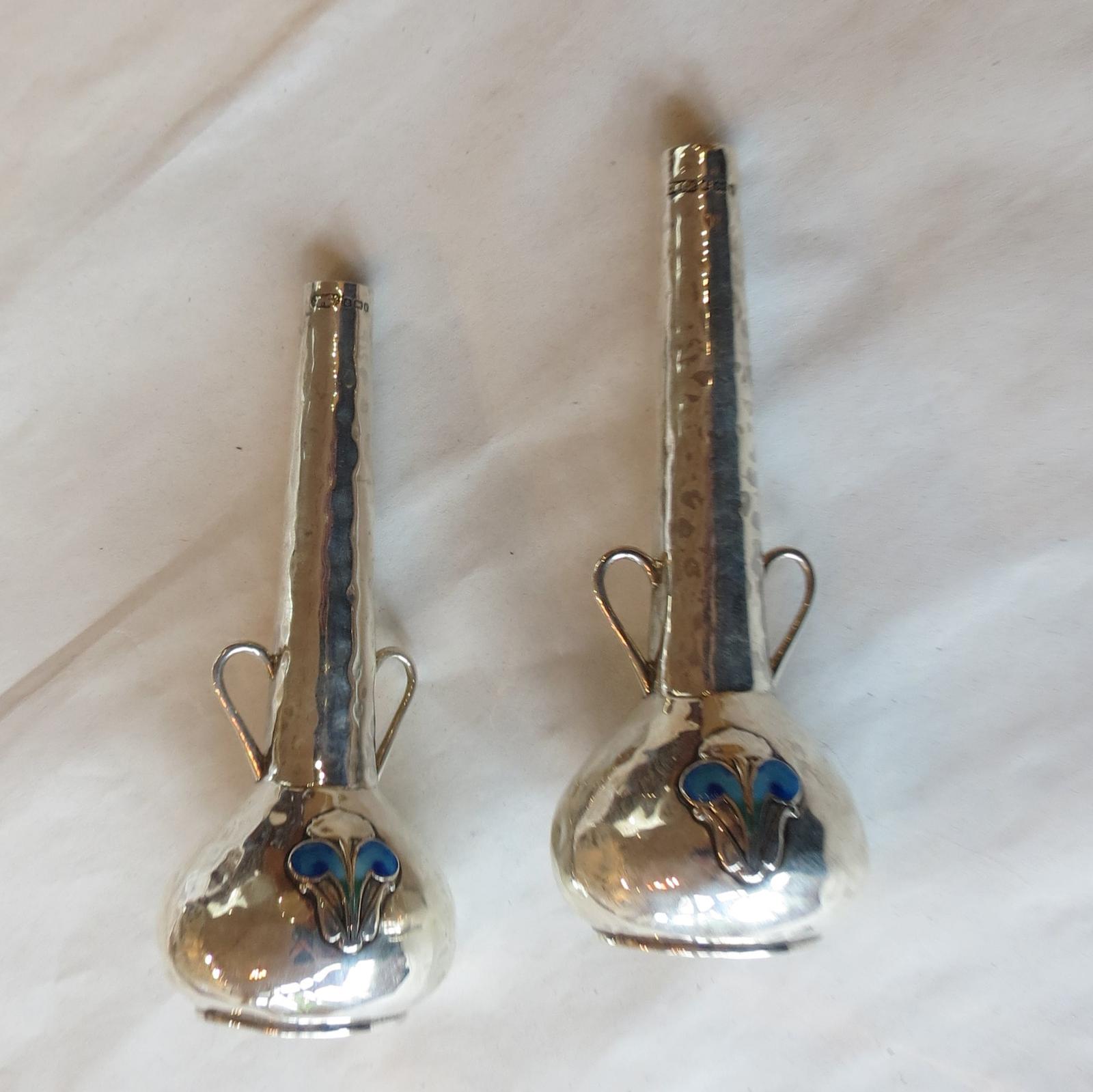 Pair of Arts & Crafts, Liberty & Co Style, Enamelled Silver Bud Vases - 1907 (1 of 10)