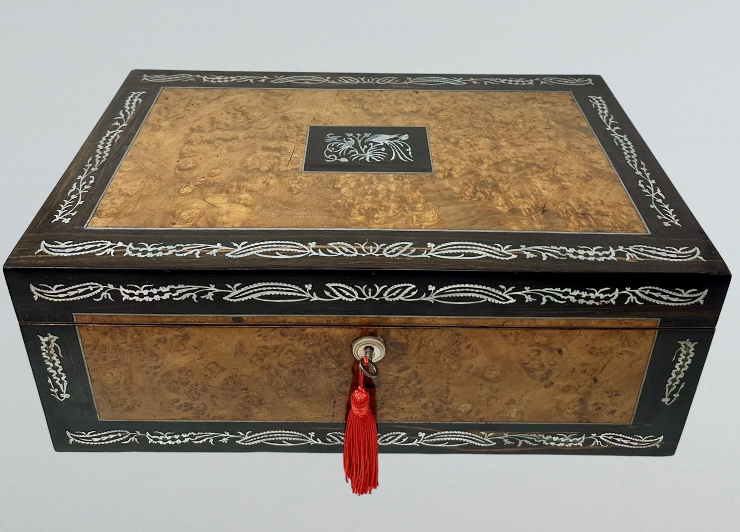 Antique Pewter Inlaid Burl Amboyna Coromandel Desk Wooden Writing Slope Box 19ct (1 of 10)