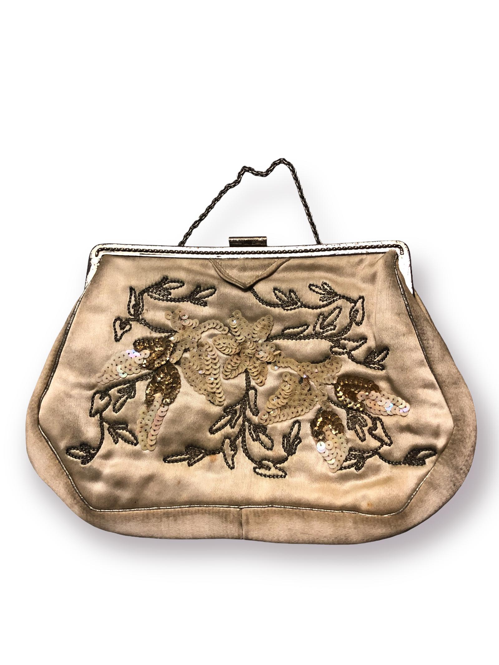 Pretty 1950s Cream Satin Purse Handbag with Metallic Embroidery (1 of 3)