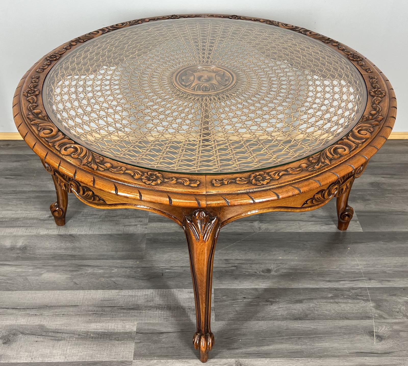 Coffee Table Round Vintage French Style Glass Top Ornate Cane LOT 3941 (1 of 11)