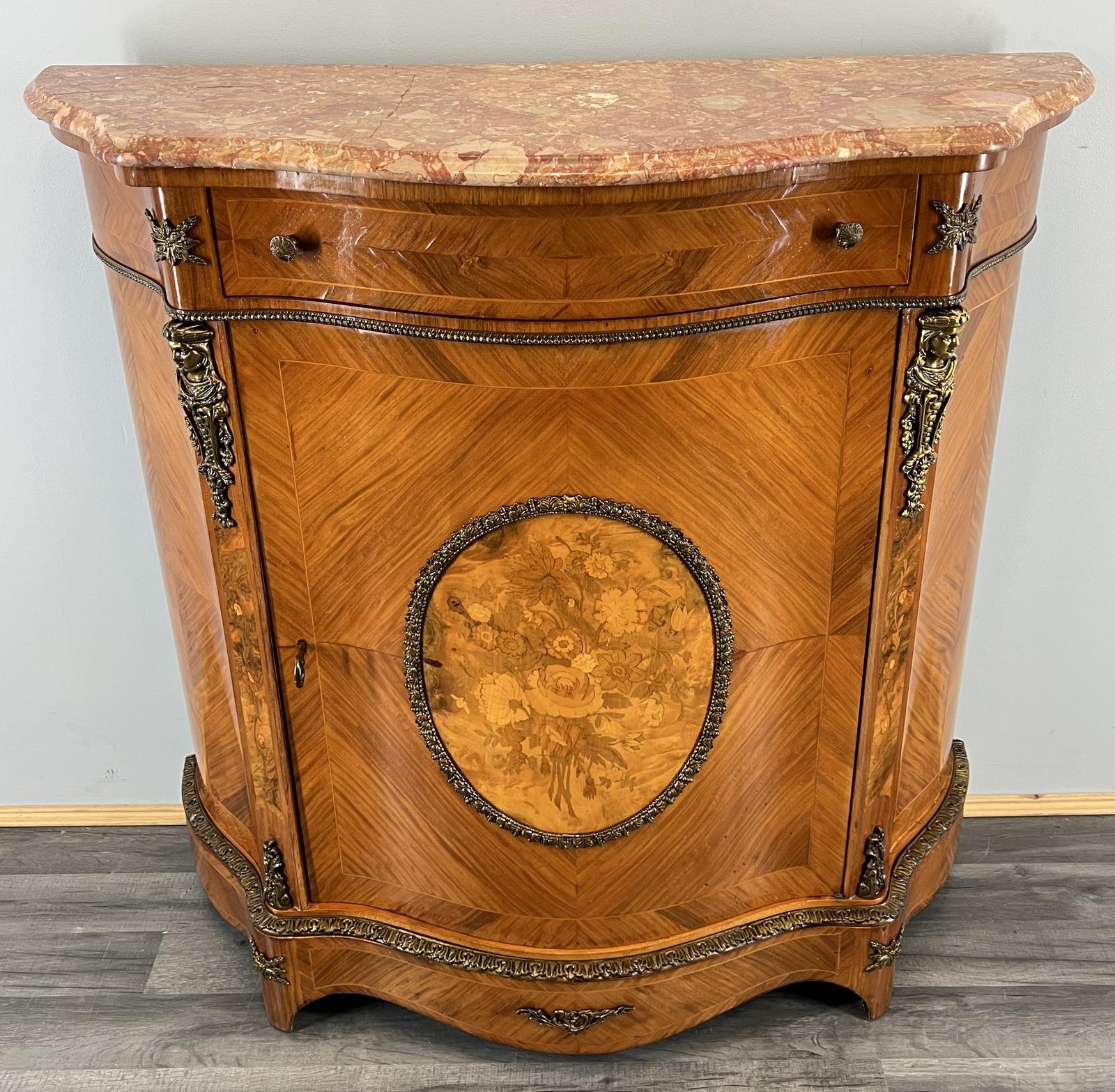 Cabinet Vintage French Marble Top Inlaid Ornate Sideboard Brass Ormolu (1 of 19)