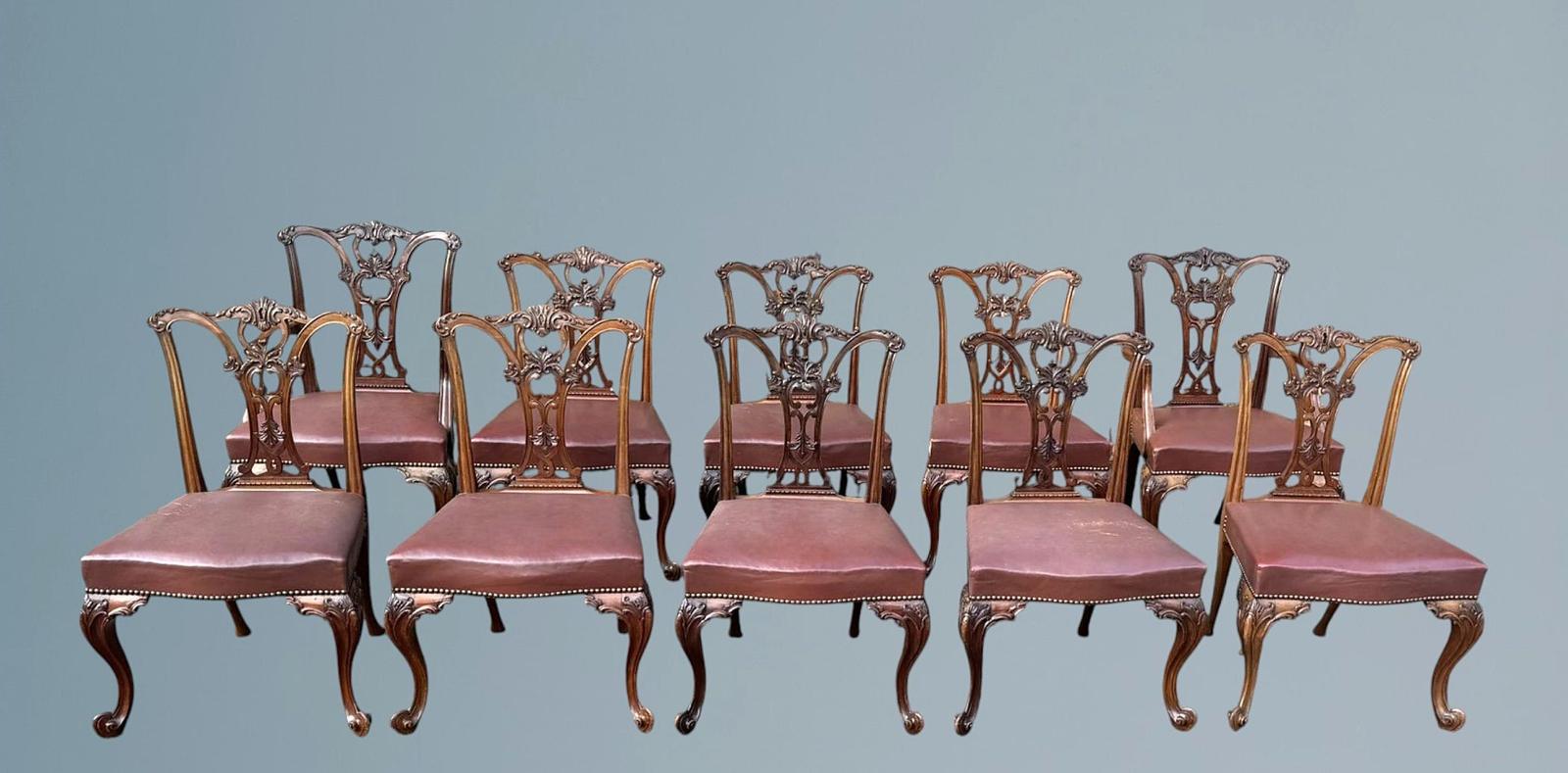 Set of Ten (8+2) Mahogany Chippendale Style Dining Chairs Stamped Gillows (1 of 28)