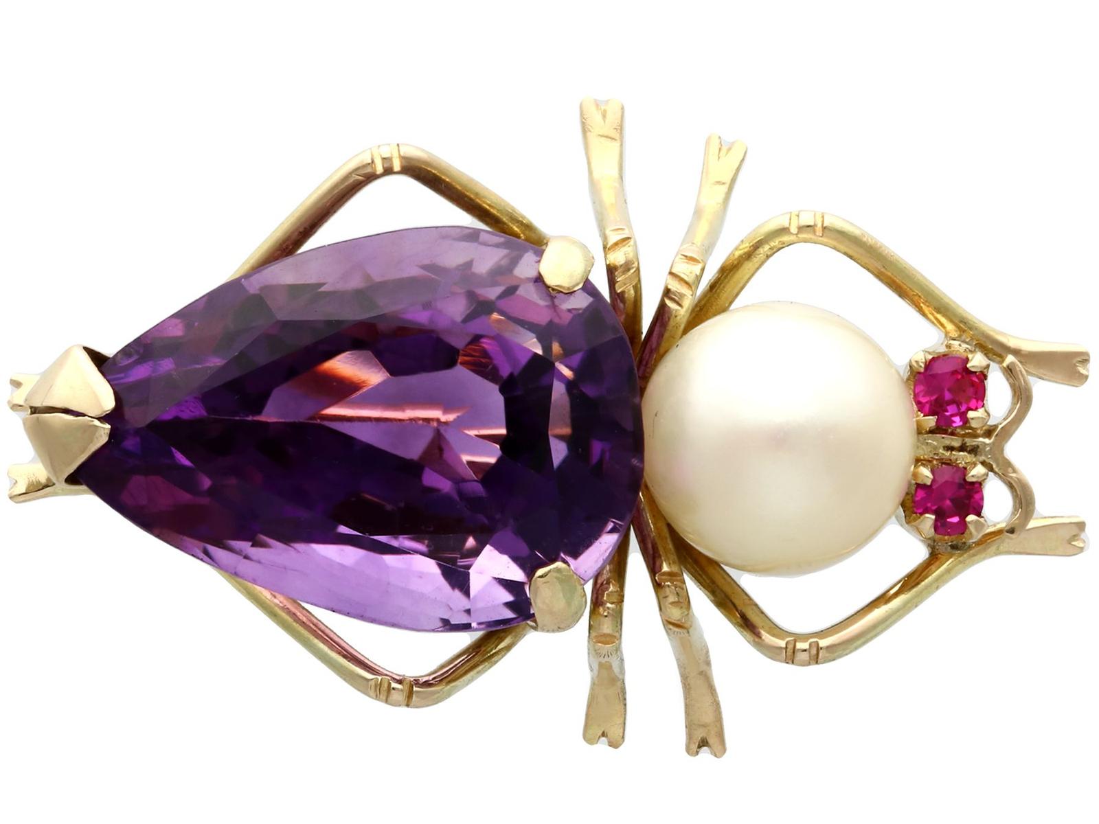 12.39ct Amethyst, Pearl & Ruby, 14ct Yellow Gold Insect Brooch- Vintage c.1960 (1 of 10)