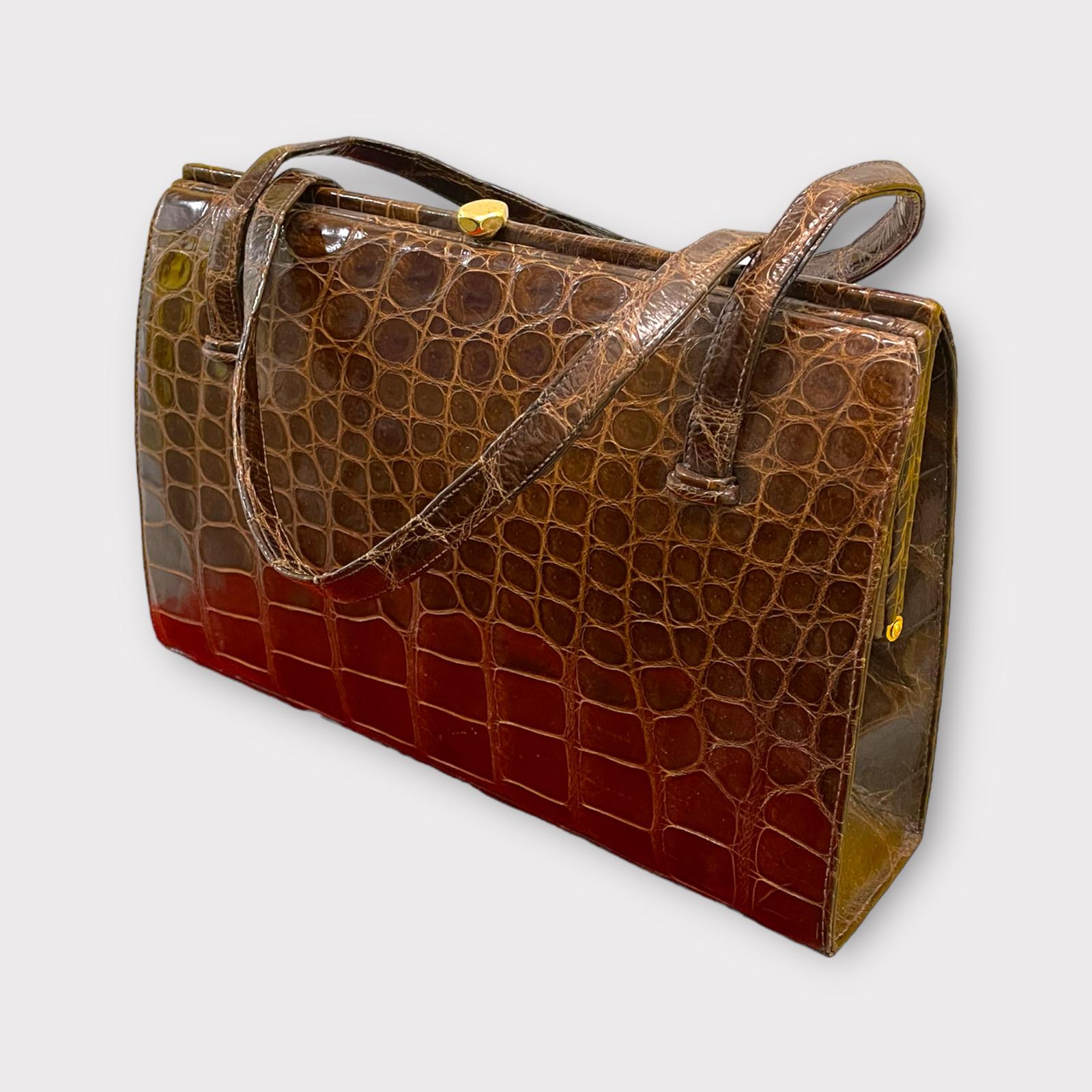 Large Brown 1950s Faux Crocodile Waldybag Handbag (1 of 10)
