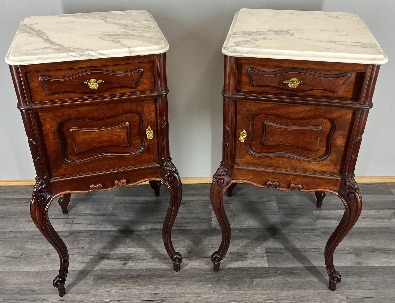 Pair of Bedside Tables Antique French Walnut with Marble Tops Cabinets (1 of 15)
