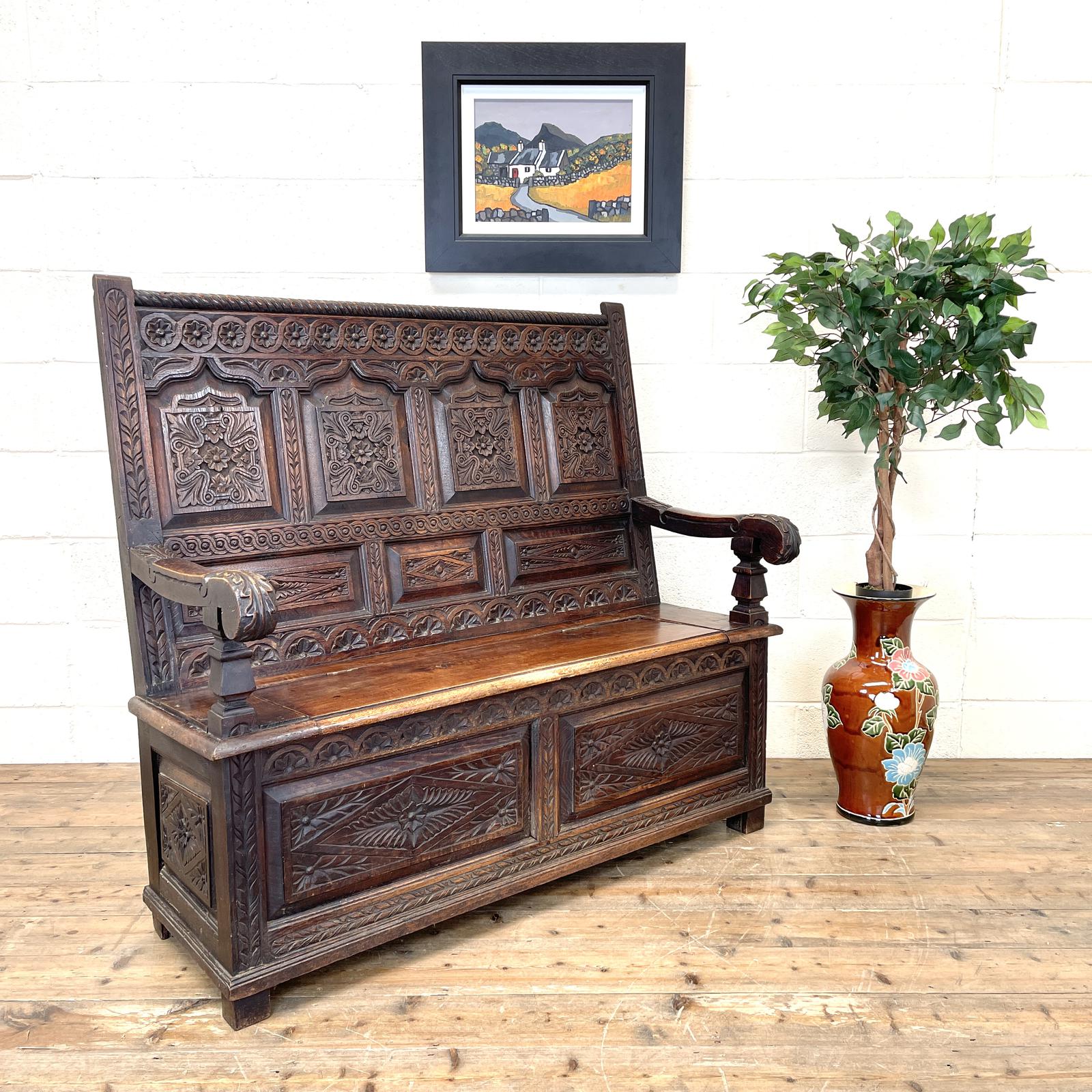 Antique 19th Century Carved Oak Settle (1 of 10) Antique 19th Century Carved Oak Settle (1 of 10)