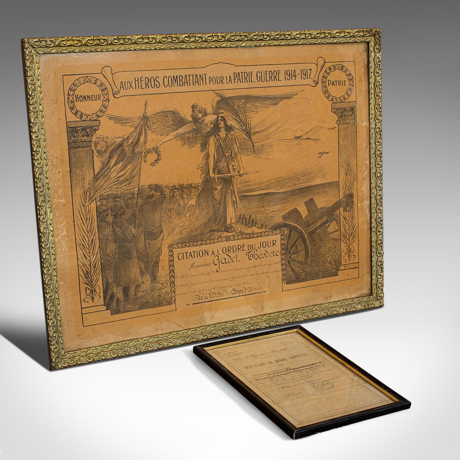 Antique Pair of Framed Certificates, French, Award of Honour, WW1 c.1918 (1 of 9)