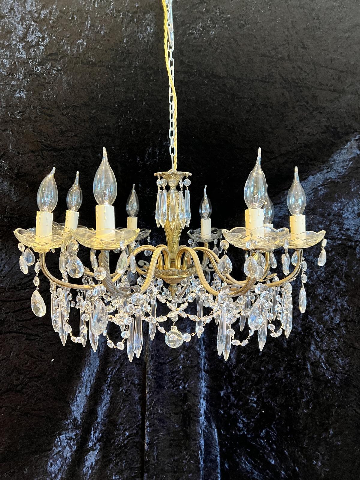 French Antique Brass Eight Light Shallow Chandelier (1 of 10)