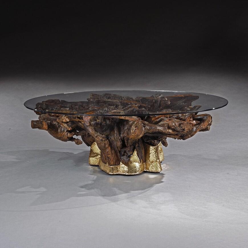 Mid 20th Century Brass Mounted Root Coffee Table with Oval Glass Top (1 of 5)