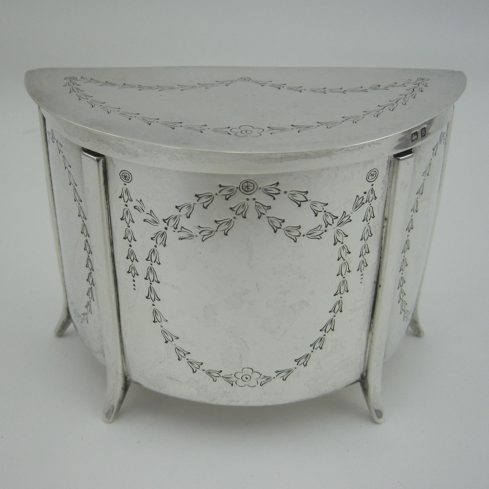 Unusual Half Moon Sterling Silver Tea Caddy / Trinket Box (1 of 8) Unusual Half Moon Sterling Silver Tea Caddy / Trinket Box (1 of 8)