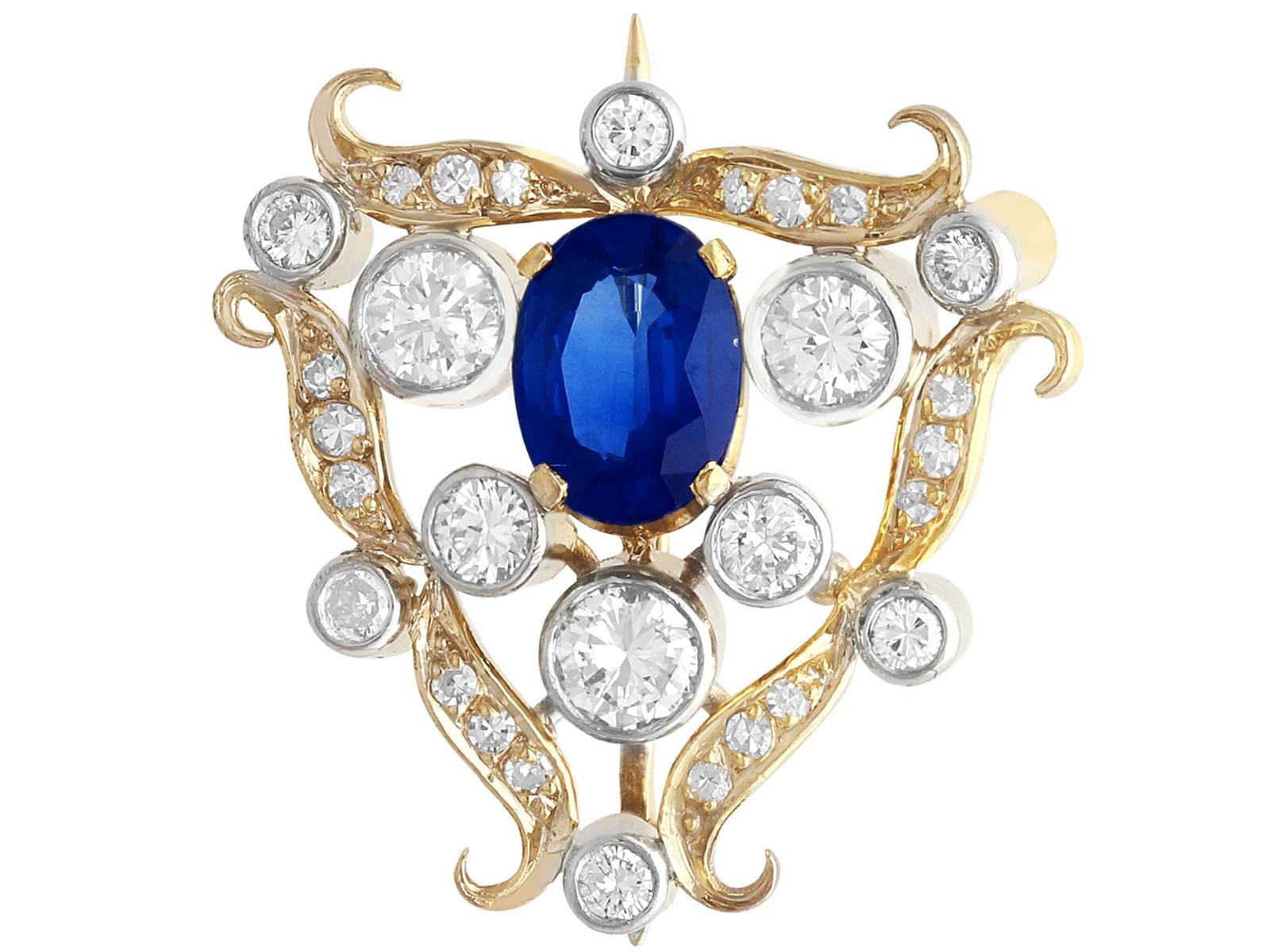 1.53 ct Sapphire & 1ct Diamond, 18ct Yellow Gold Brooch - Antique c.1920 (1 of 15)