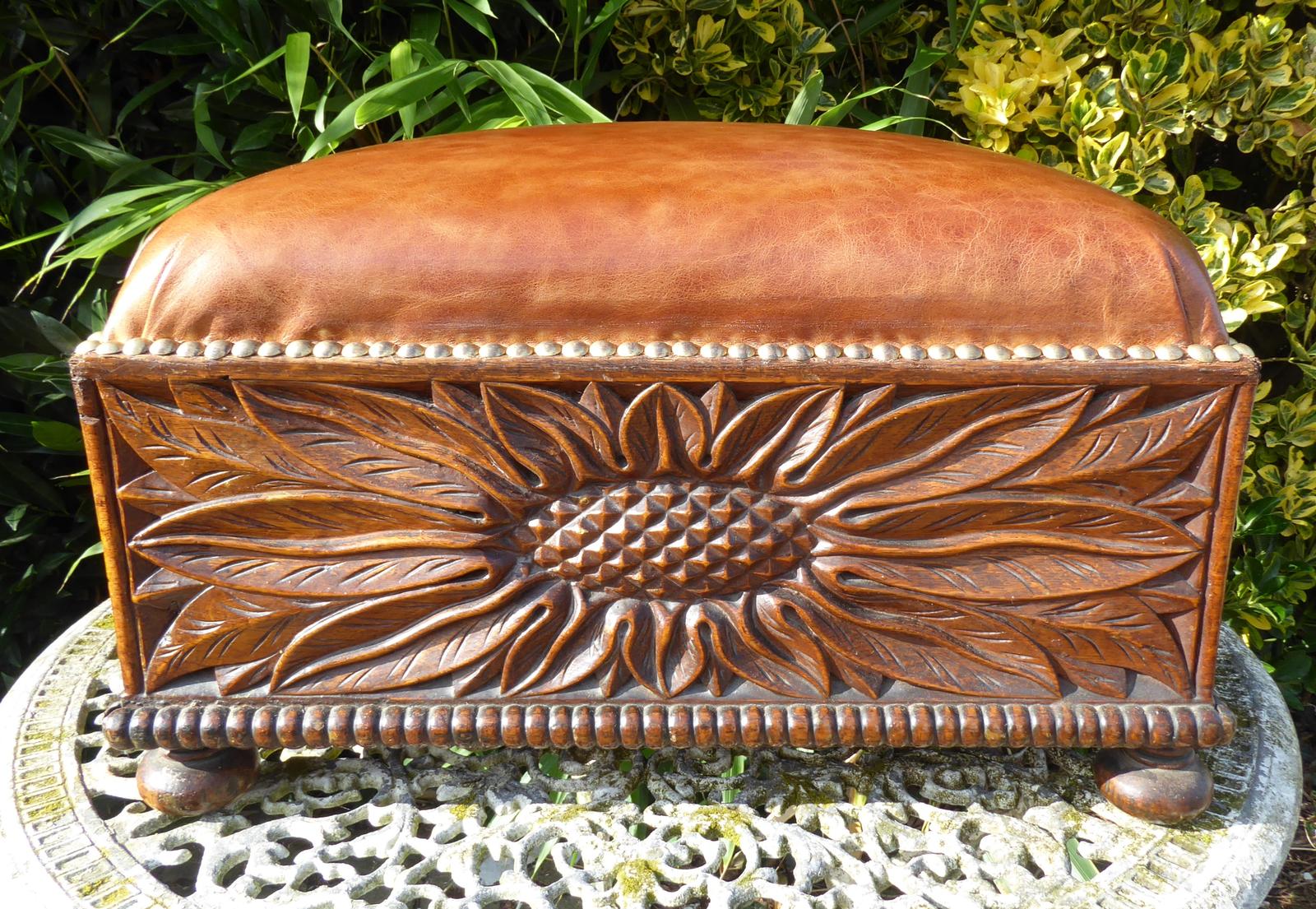 Foot Stool Country Oak Carved Depicting Sunflowers 1860 (1 of 17)