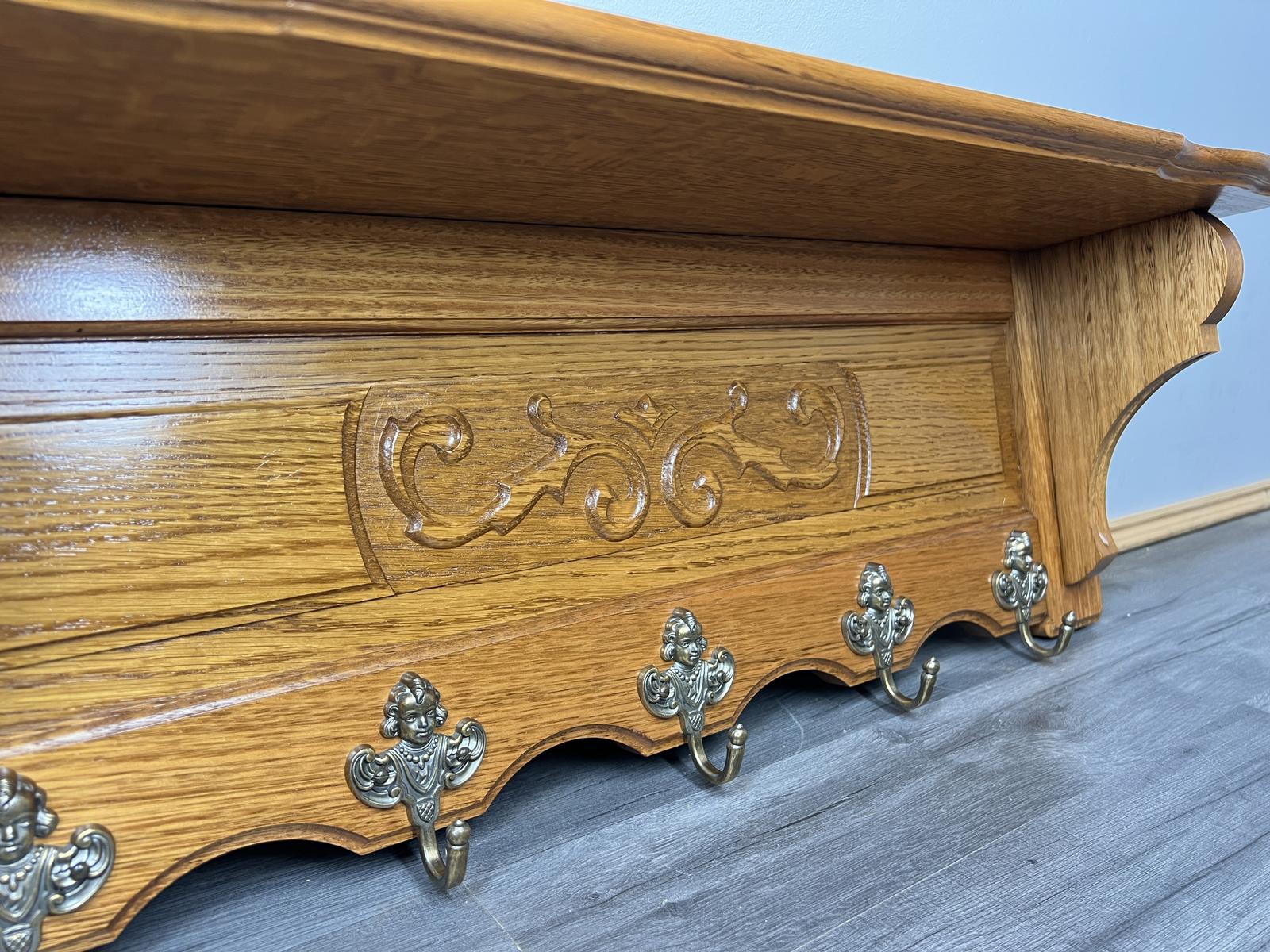 French Vintage Coat Rack Oak 5 Hooks Carved Wall Shelf Coat Hanger (1 of 9)
