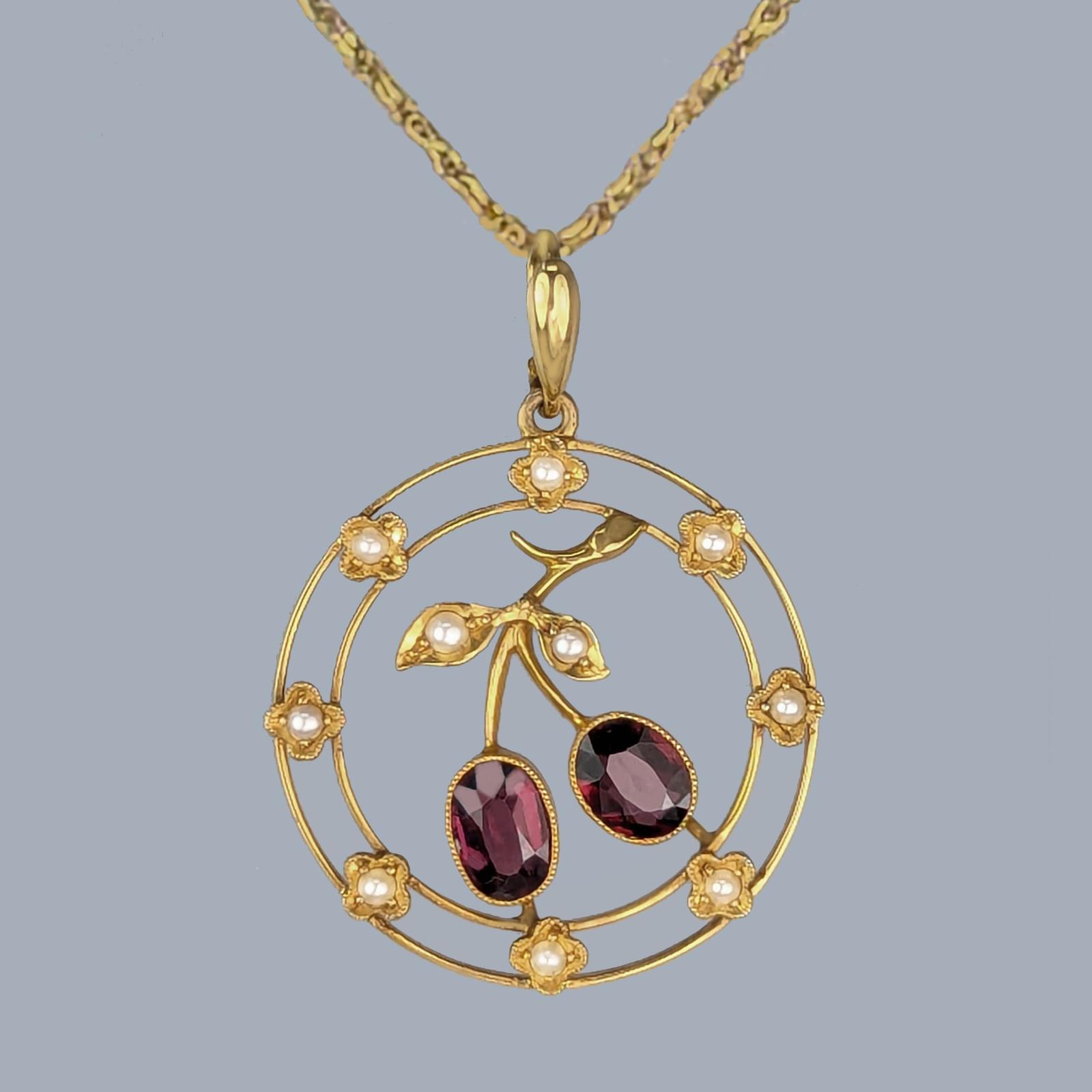 Antique 15ct Gold Garnet Pearl Pendant and Chain Edwardian Cherry Necklace 1910s (1 of 8) Antique 15ct Gold Garnet Pearl Pendant and Chain Edwardian Cherry Necklace 1910s (1 of 8)