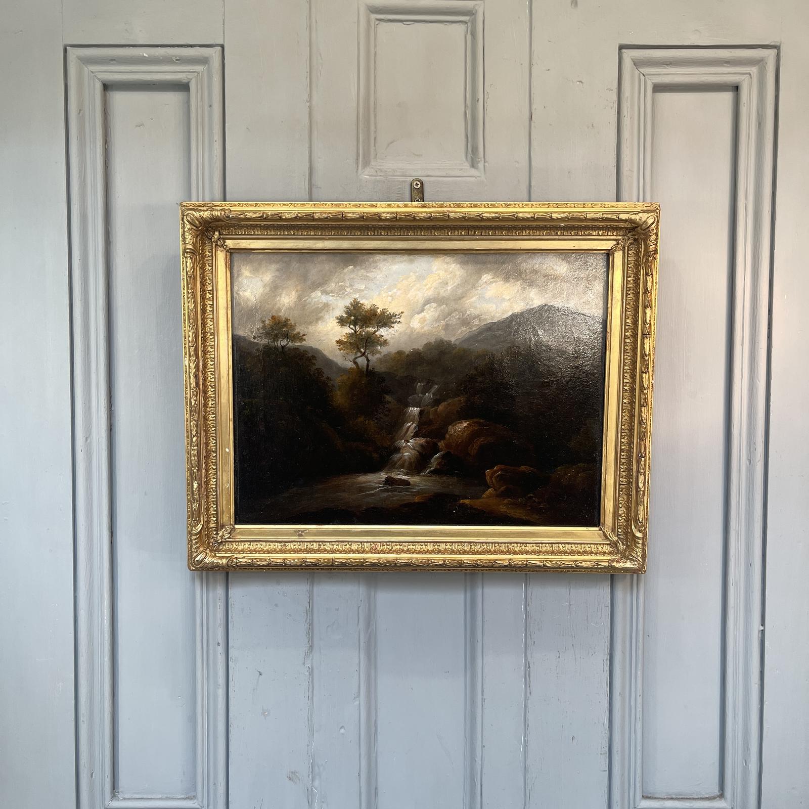 Antique Early Victorian River Landscape Oil Painting Study of Waterfall & Mountains (1 of 10)