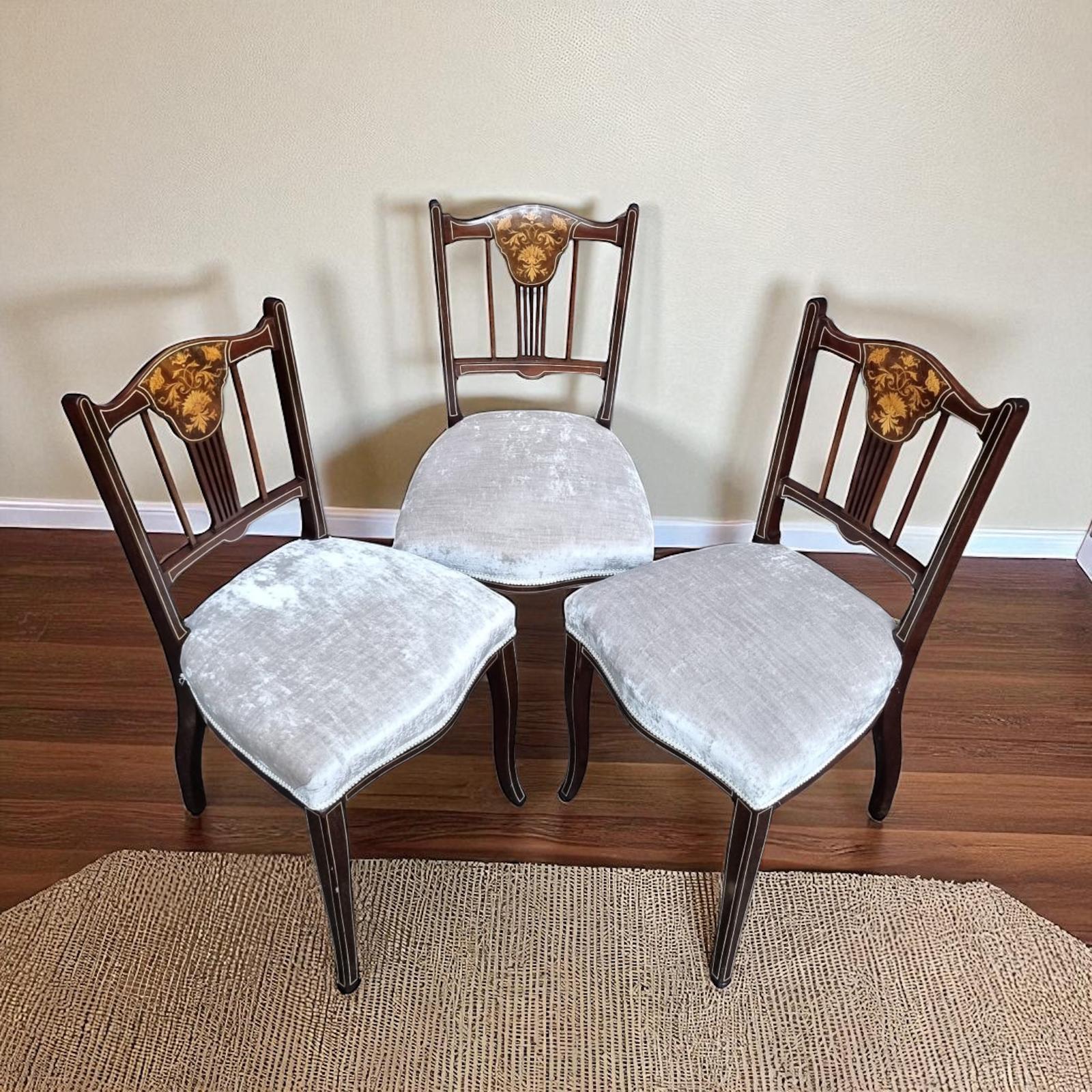 Antique Victorian Inlaid Mahogany Dining Chairs / Set of 3 / C1880 (1 of 7)