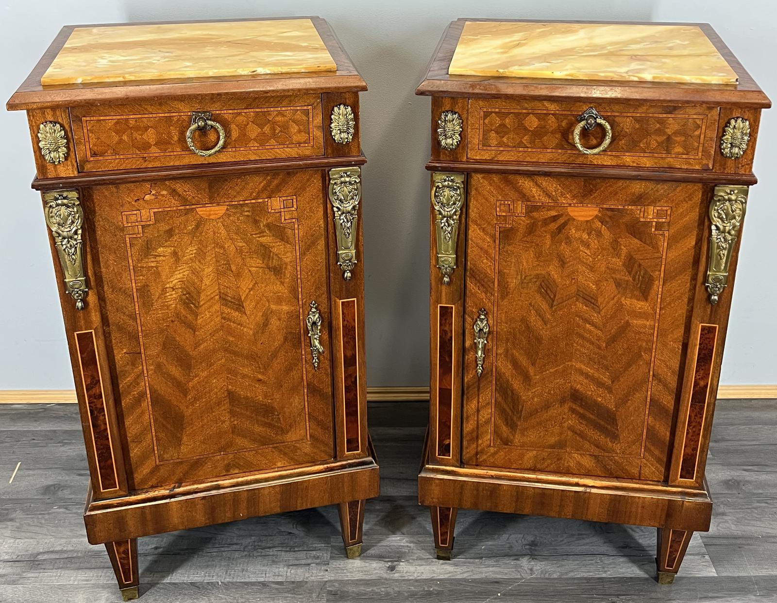 Pair of Bedside Tables Antique French Style Inlaid Marble Tops Cabinets (1 of 15)
