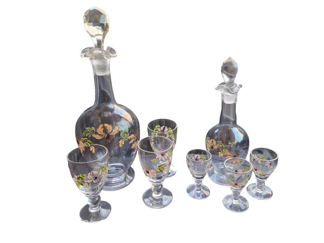 Superb Edwardian Decanter & Glass Set - Enamelled Floral Decoration- c.1900 (1 of 5)