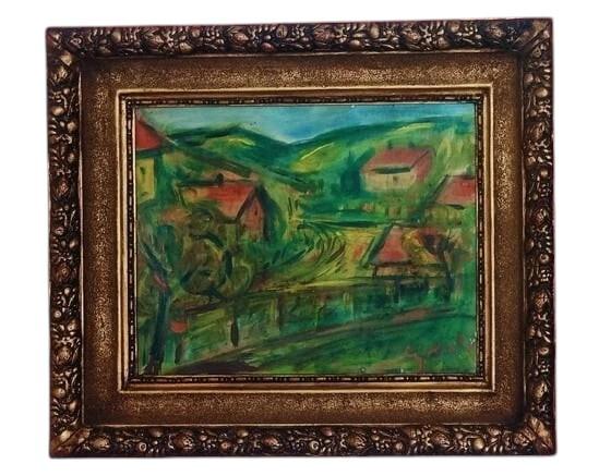 Signed Czobel – Modernist Village Landscape Mix Media Painting on Cardboard – Hungarian Expressionist School – Framed (1 of 10) Signed Czobel – Modernist Village Landscape Mix Media Painting on Cardboard – Hungarian Expressionist School – Framed (1 of 10)