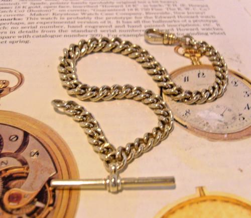 Pocket Watch Chain Antique USA Silver Nickel Victorian Albert With T Bar 1880s (1 of 13)